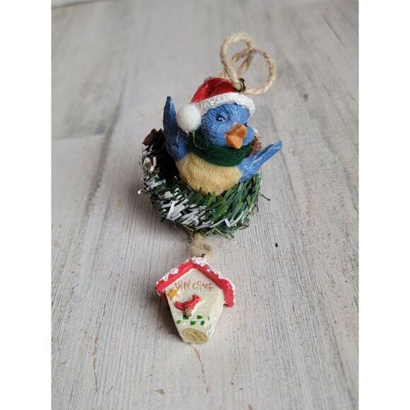Blue jay Christmas hat Nest Pinecone birdhouse welcome ornament Xmas - Picture 1 of 6